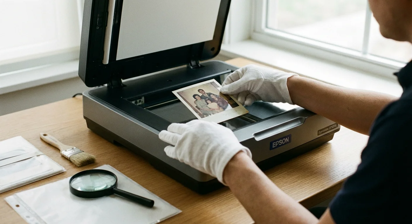 A person wearing white archival gloves placing a vintage Polaroid photo onto a scanner.