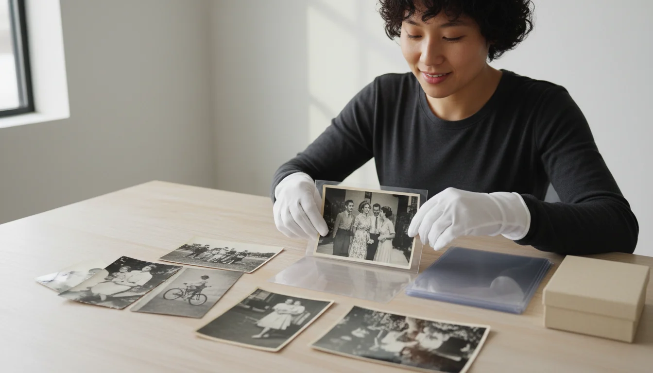 A person wearing white cotton archival gloves meticulously sorts old black and white family photos, smiling softly as they place one into an archival sleeve on a light wooden table.