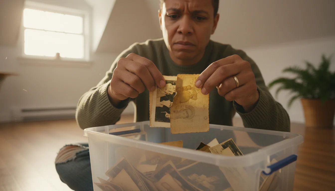 A person with a concerned expression holding slightly damaged, stuck-together old photos from a plastic bin in a softly lit attic. Evidence of moisture damage.