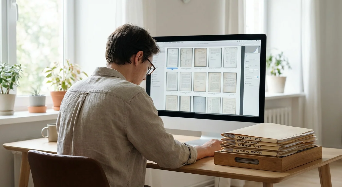 A person working at a computer to organize a collection of scanned genealogy records and folders.