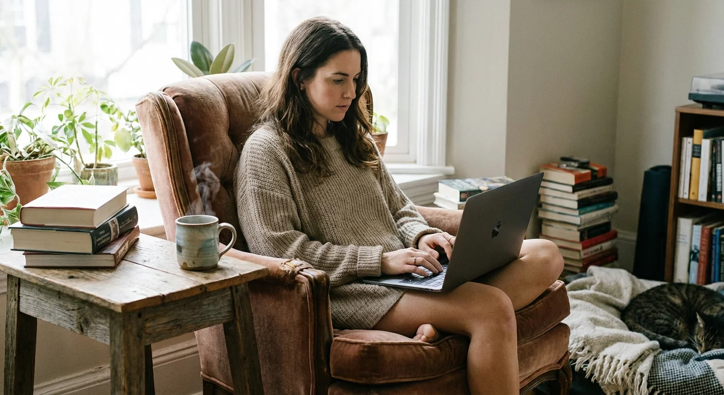 A person working on a laptop in a cozy home setting, illustrating the metadata entry process.
