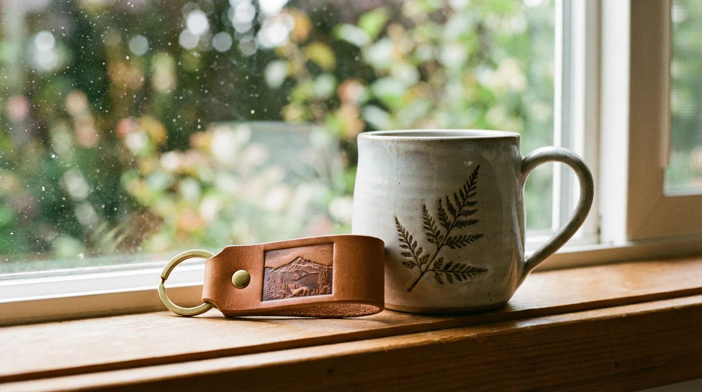 A personalized leather keychain and ceramic mug by a window.