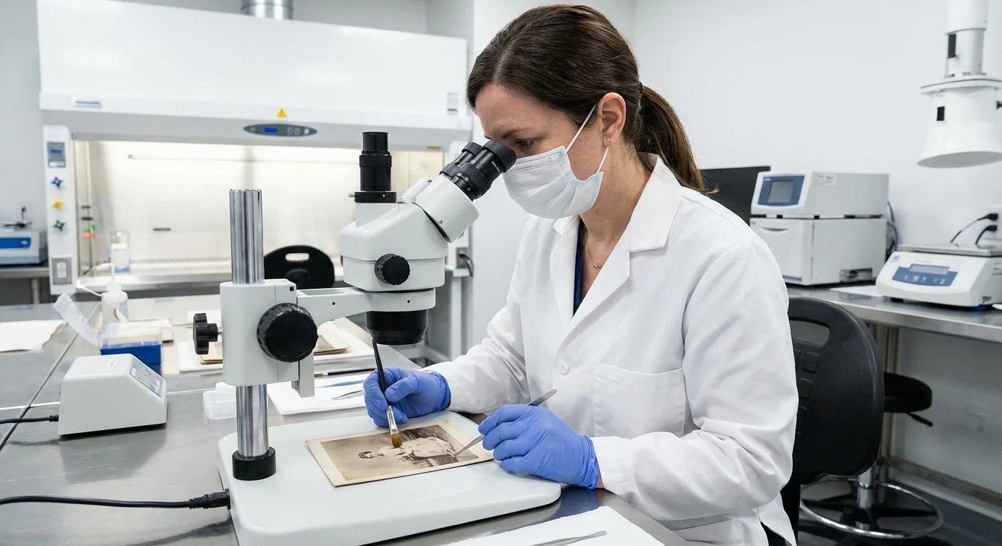 A photo conservator using professional tools to clean an antique photograph in a lab.