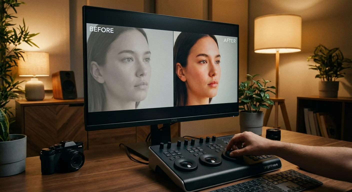 A photo editor adjusting color balance on a monitor to achieve natural skin tones.