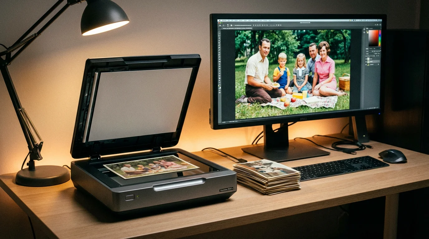 A photo scanner and a computer monitor showing a restored digital image.