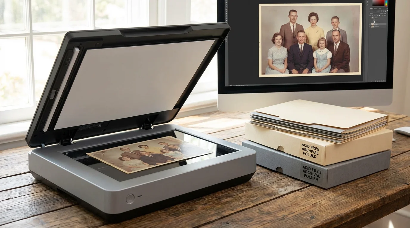 A photo scanner and archival storage supplies on a desk with a digital photo on a screen.