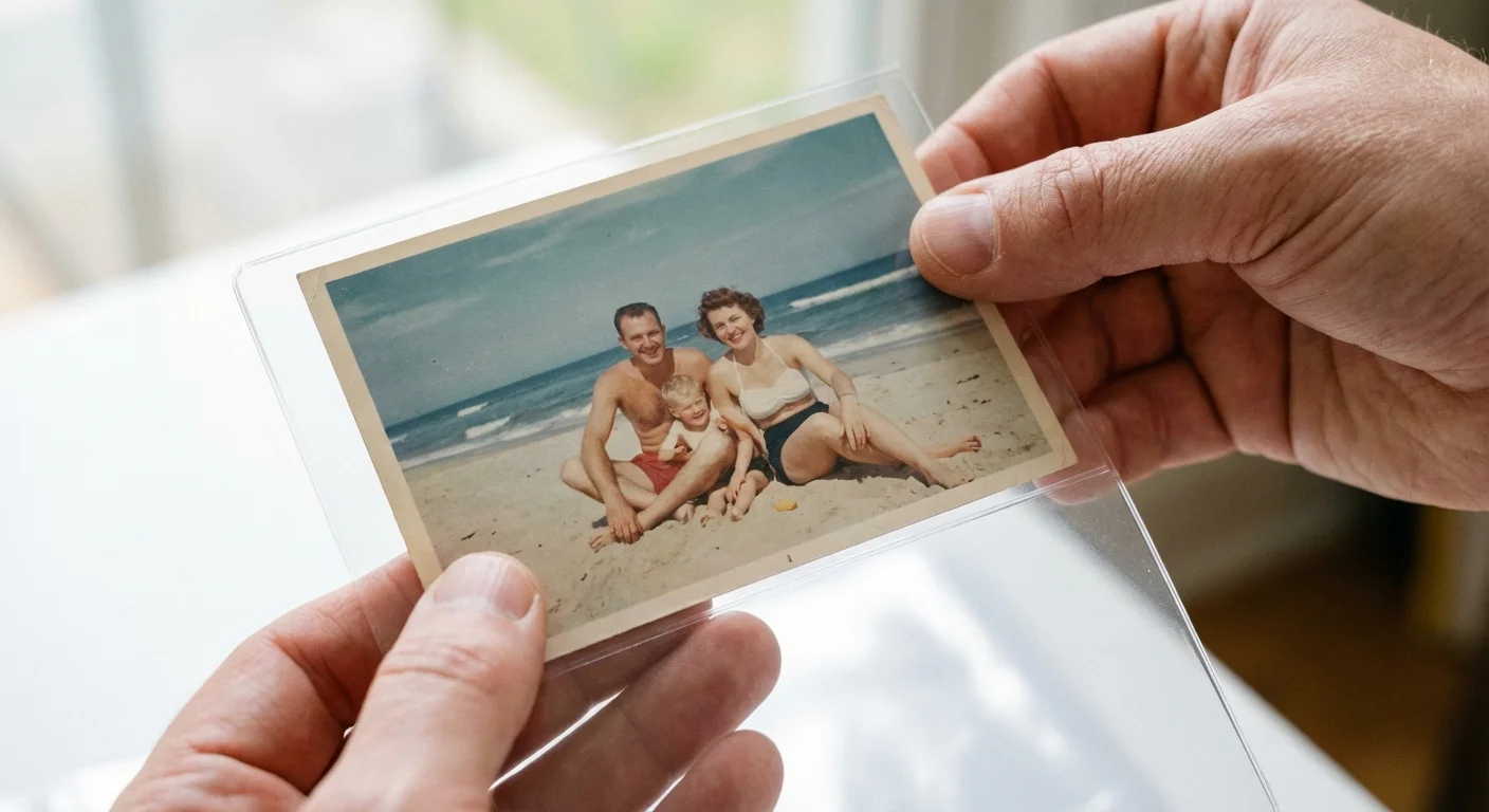 A photograph being inserted into a clear, acid-free archival sleeve.