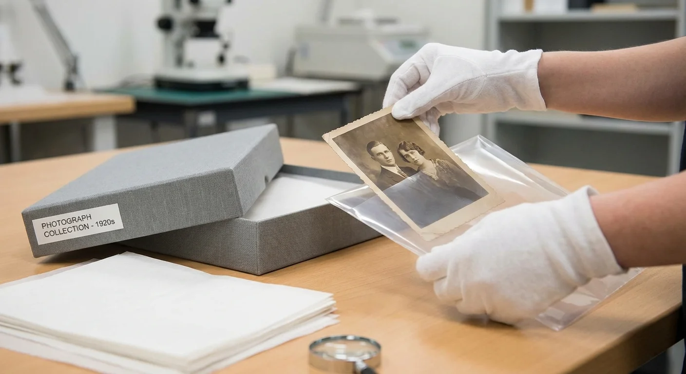 A photograph being placed into a protective archival sleeve for long-term storage.