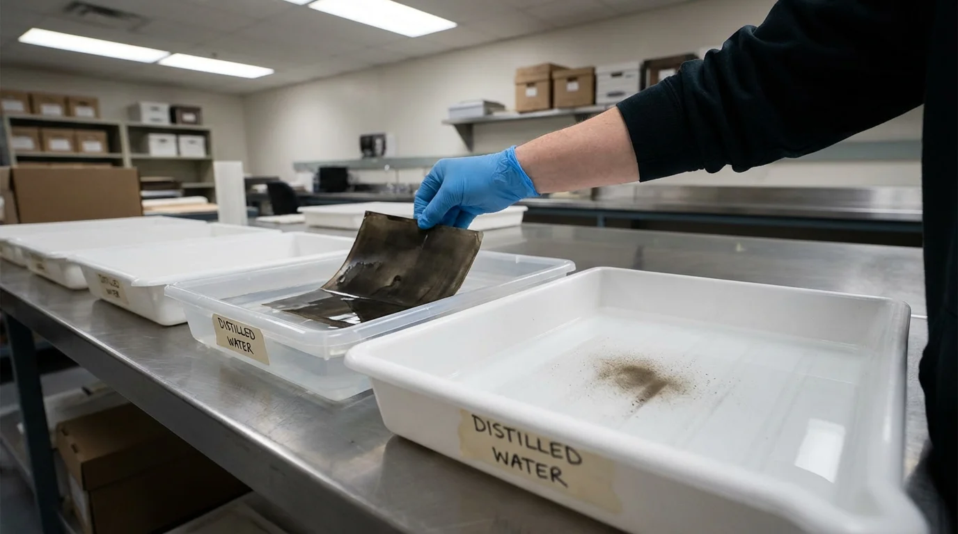 A photograph being rinsed in a series of clean water trays to remove debris.