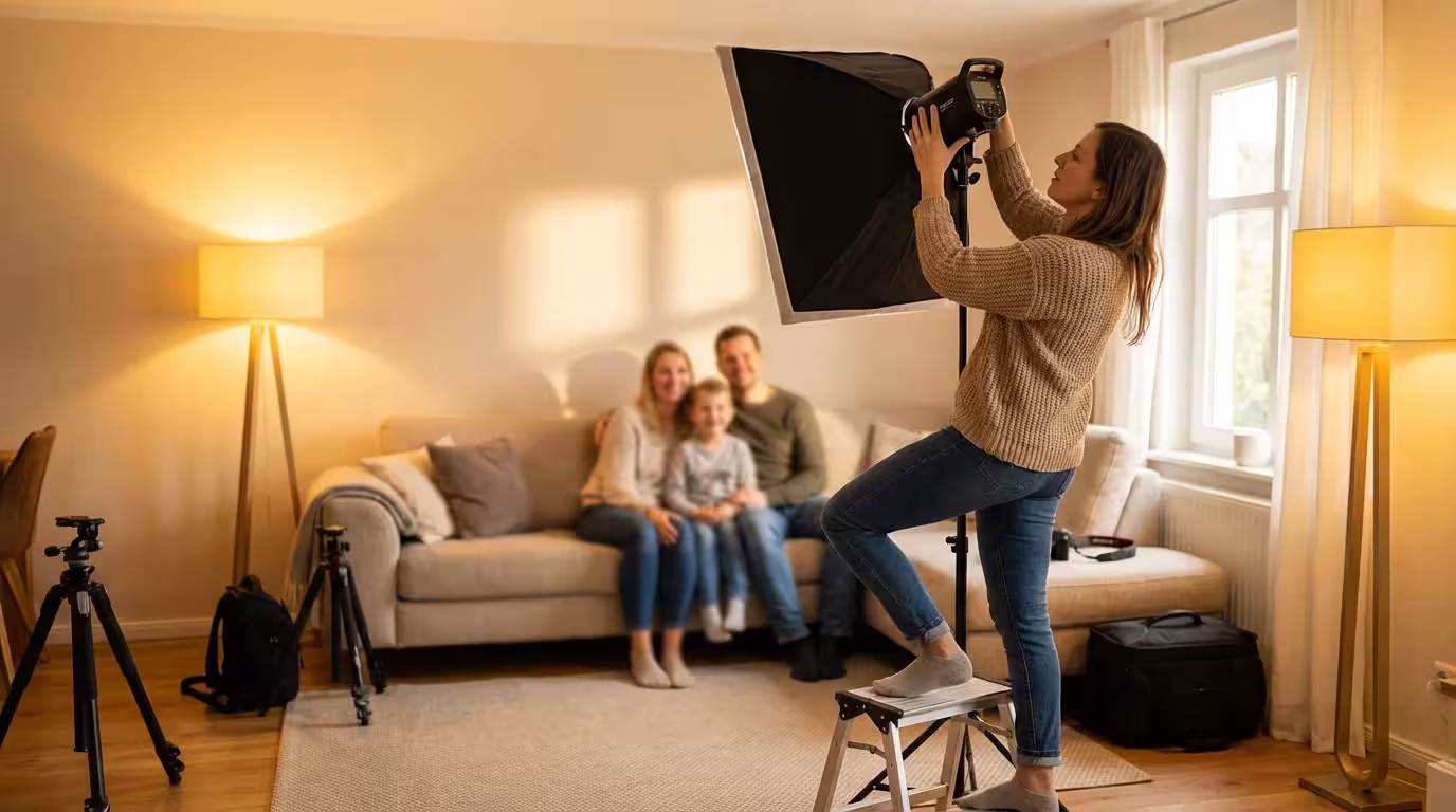 A photographer adjusting an external flash in a bright room.