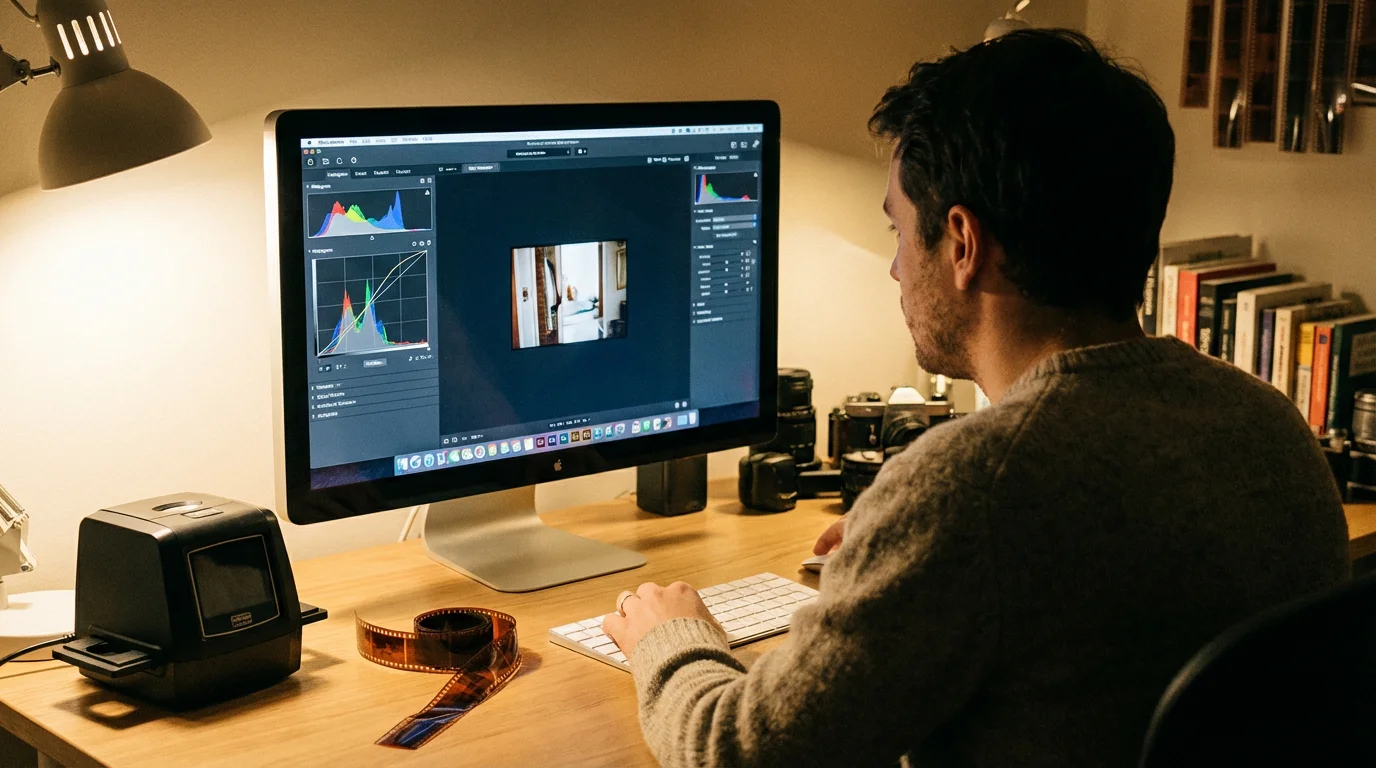 A photographer adjusting scanning software settings on a computer monitor.