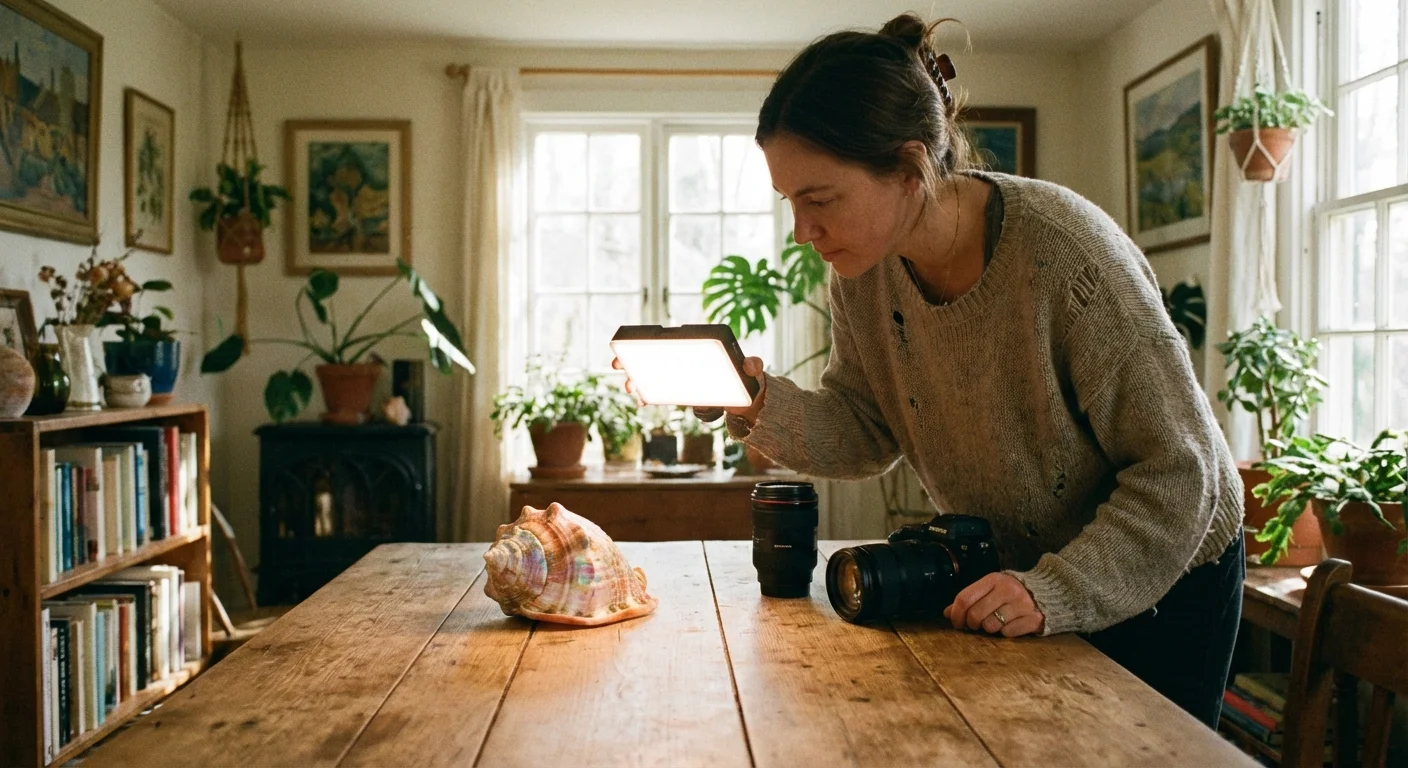 A photographer using a small LED light to illuminate a seashell for a macro shot.