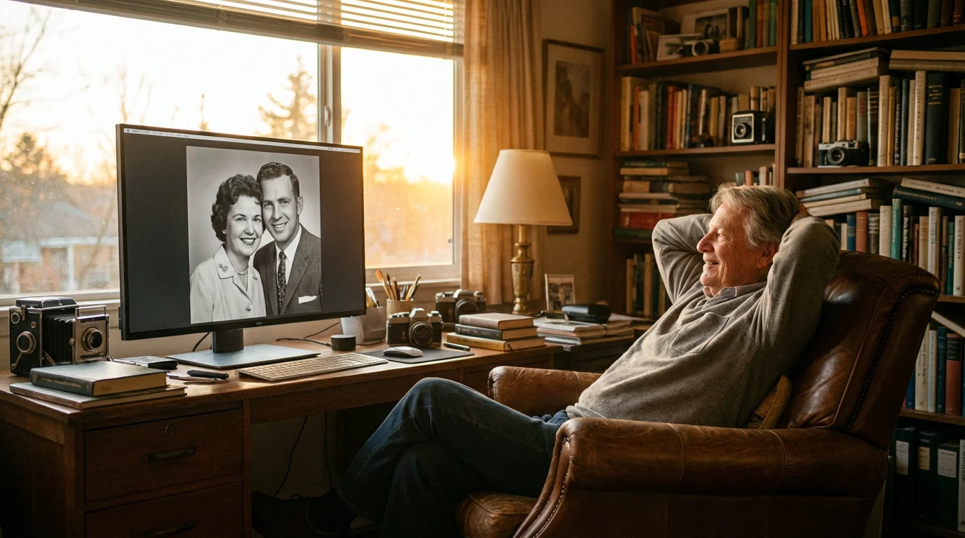 A photographer viewing a finished, restored black and white portrait on a large monitor in a warm studio.