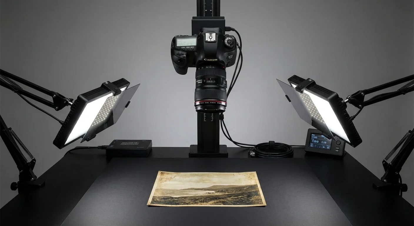 A professional camera scanning rig with polarizing filters on the lights.