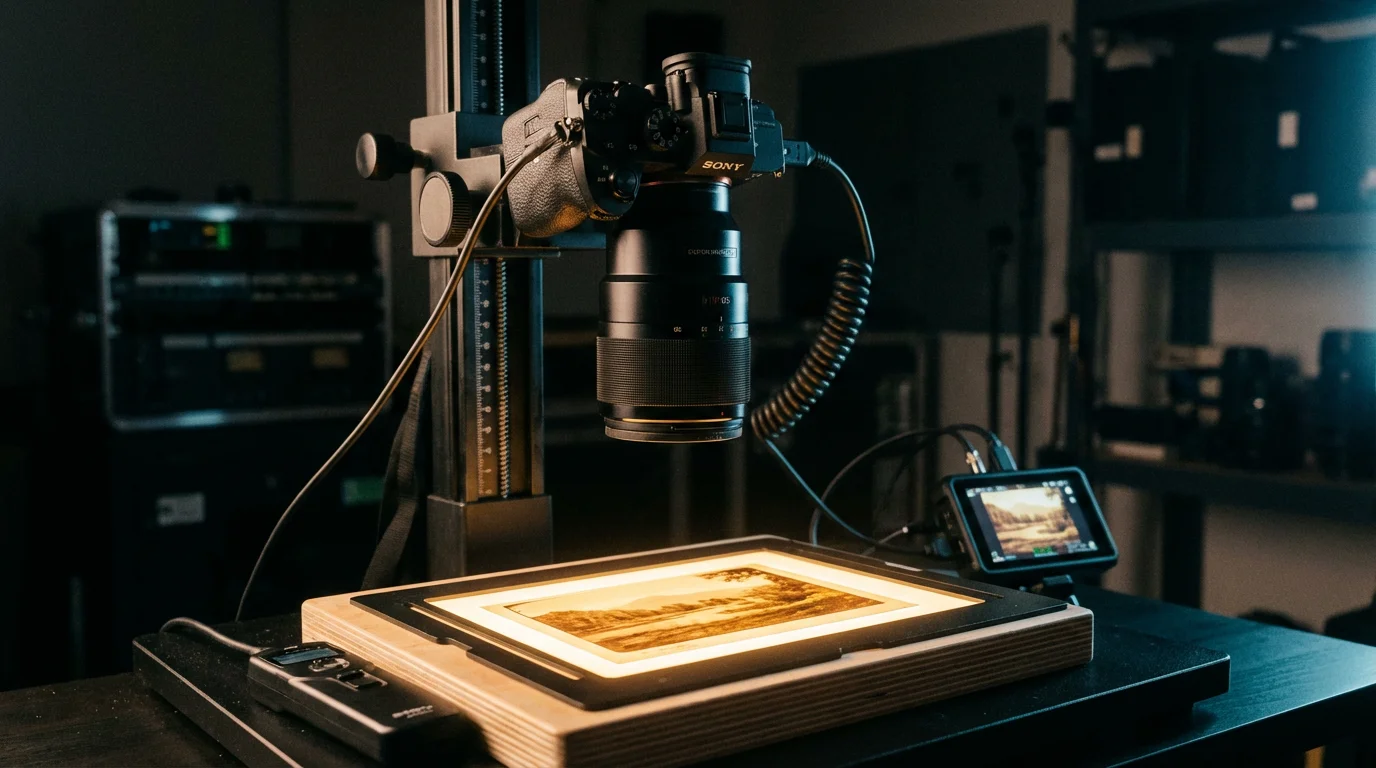 A professional camera setup with a macro lens digitizing a backlit 35mm slide on a copy stand.