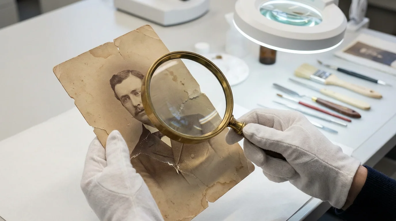 A professional conservator in white gloves examining a damaged photo with a magnifying glass.