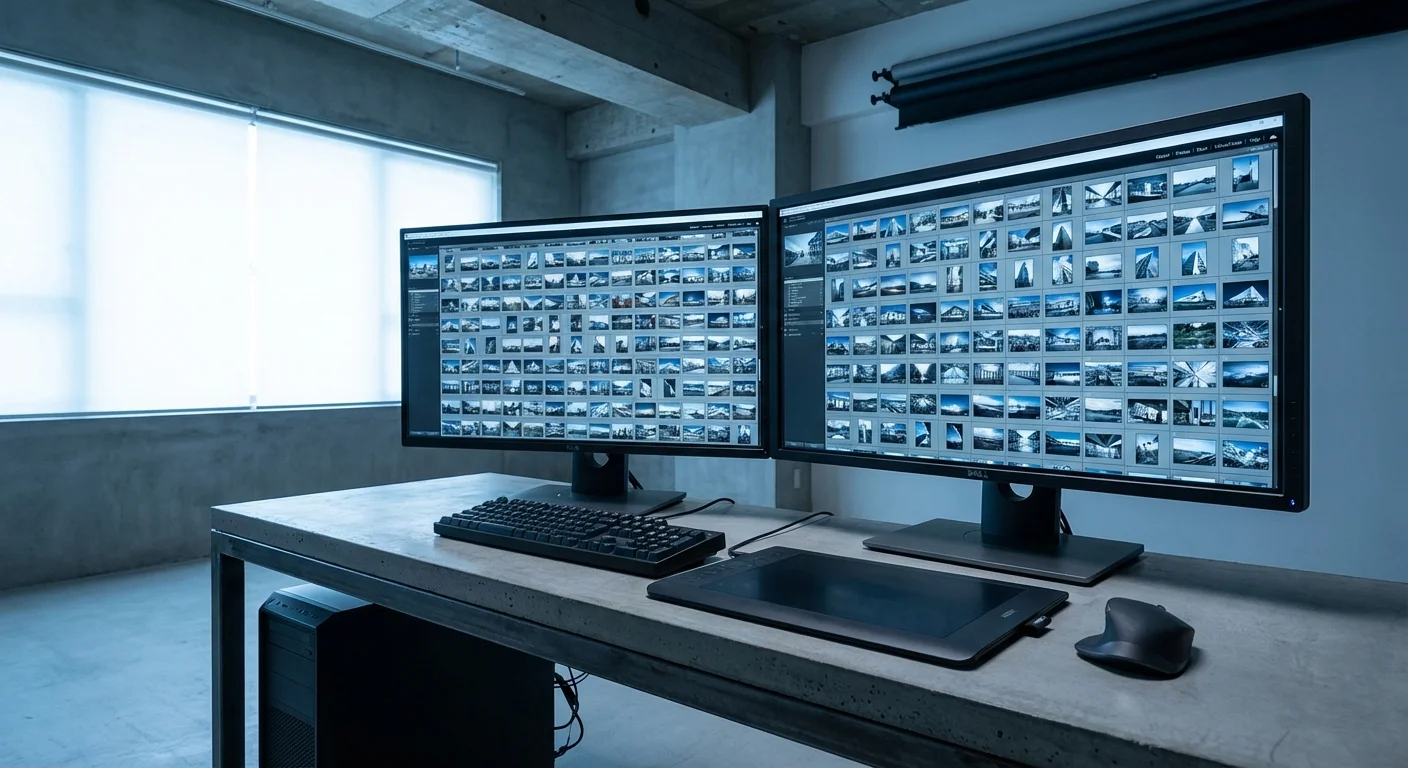 A professional dual-monitor desktop setup showing a massive, organized grid of images.