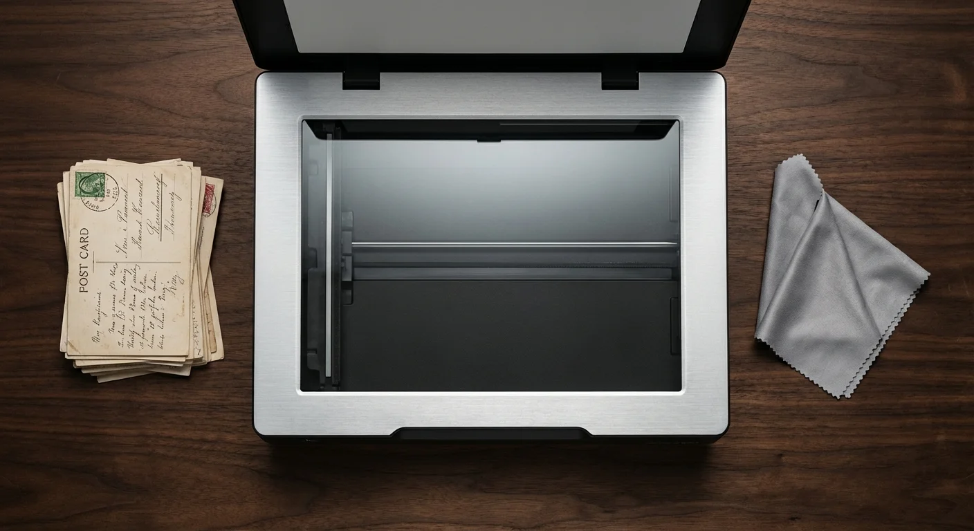 A professional flatbed scanner on a desk with a stack of old postcards, ready for high-resolution scanning.