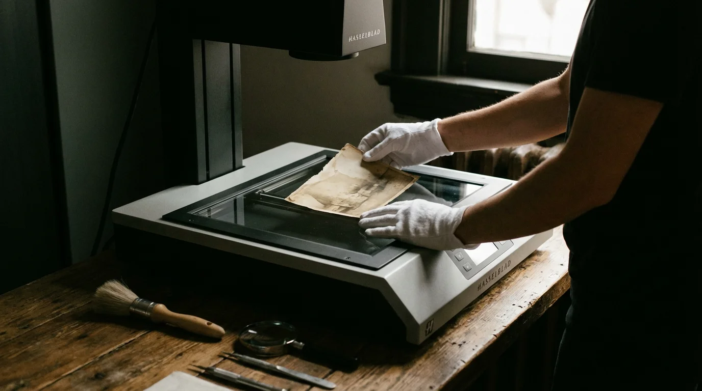 A professional-grade scanner being used with white archival gloves for delicate photos.