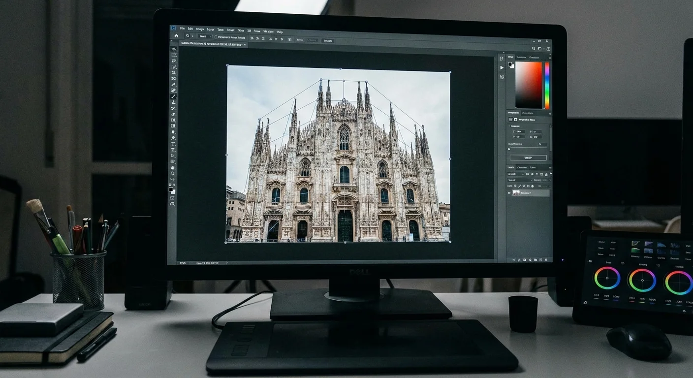 A professional monitor showing advanced digital mesh tools on a church facade.