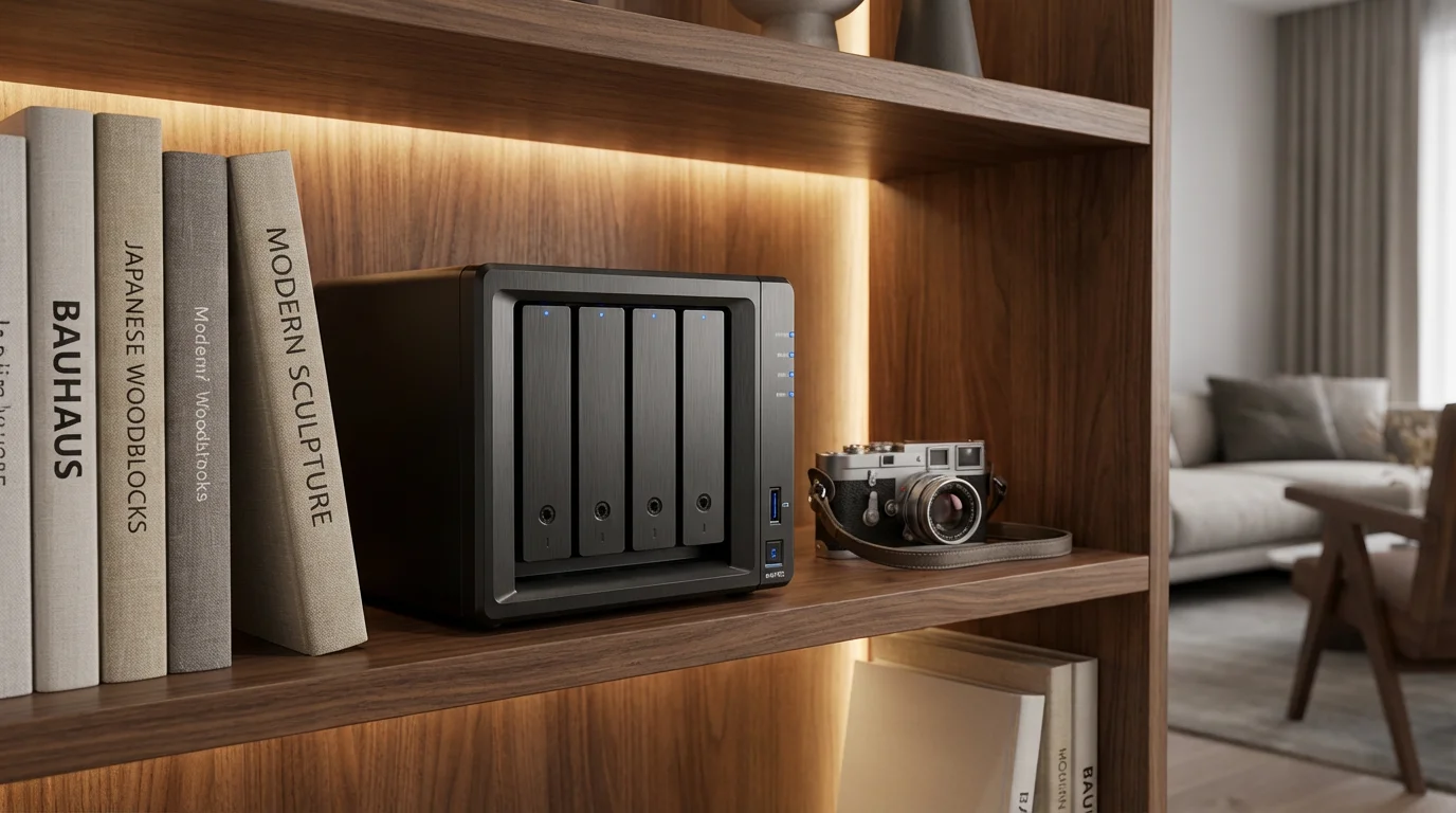 A professional NAS storage unit integrated into a stylish home bookshelf.