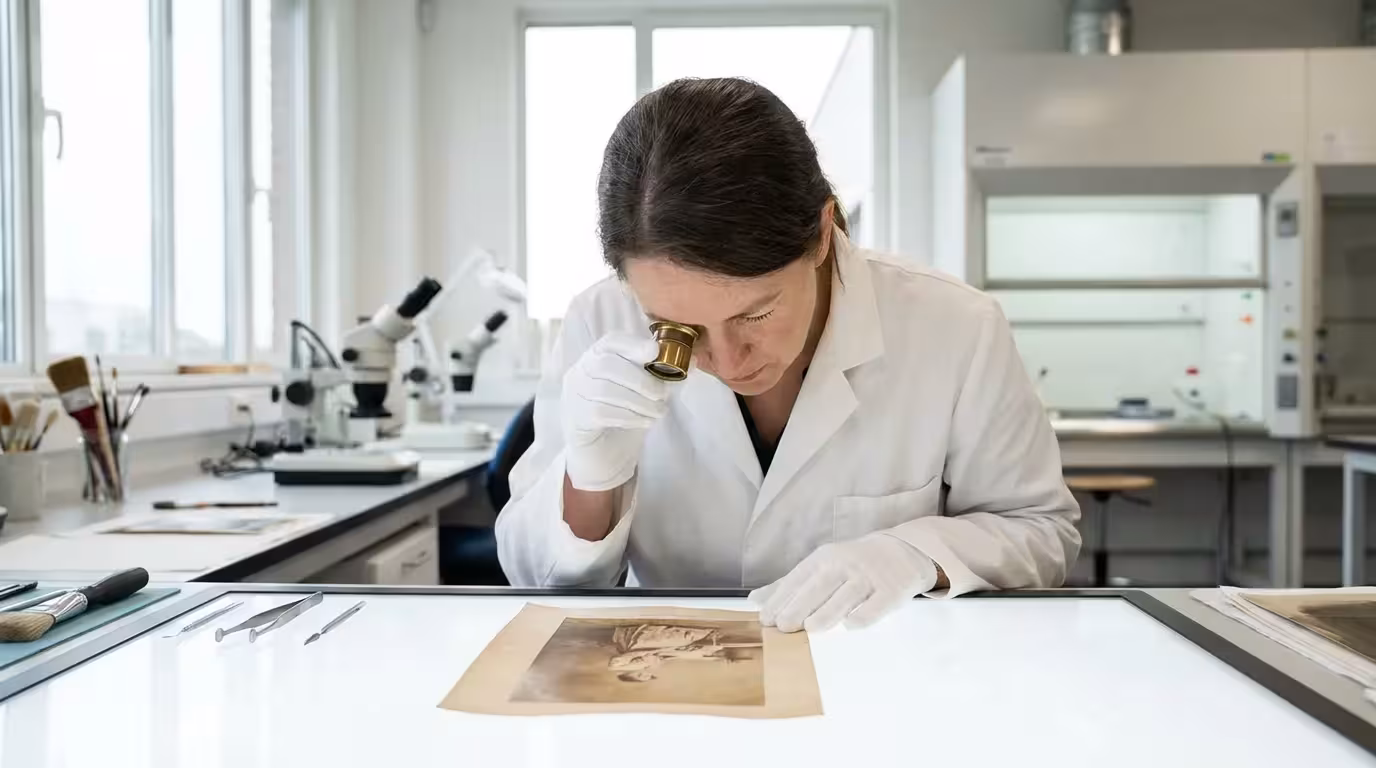 A professional photo conservator inspecting a vintage image with a magnifying loupe.