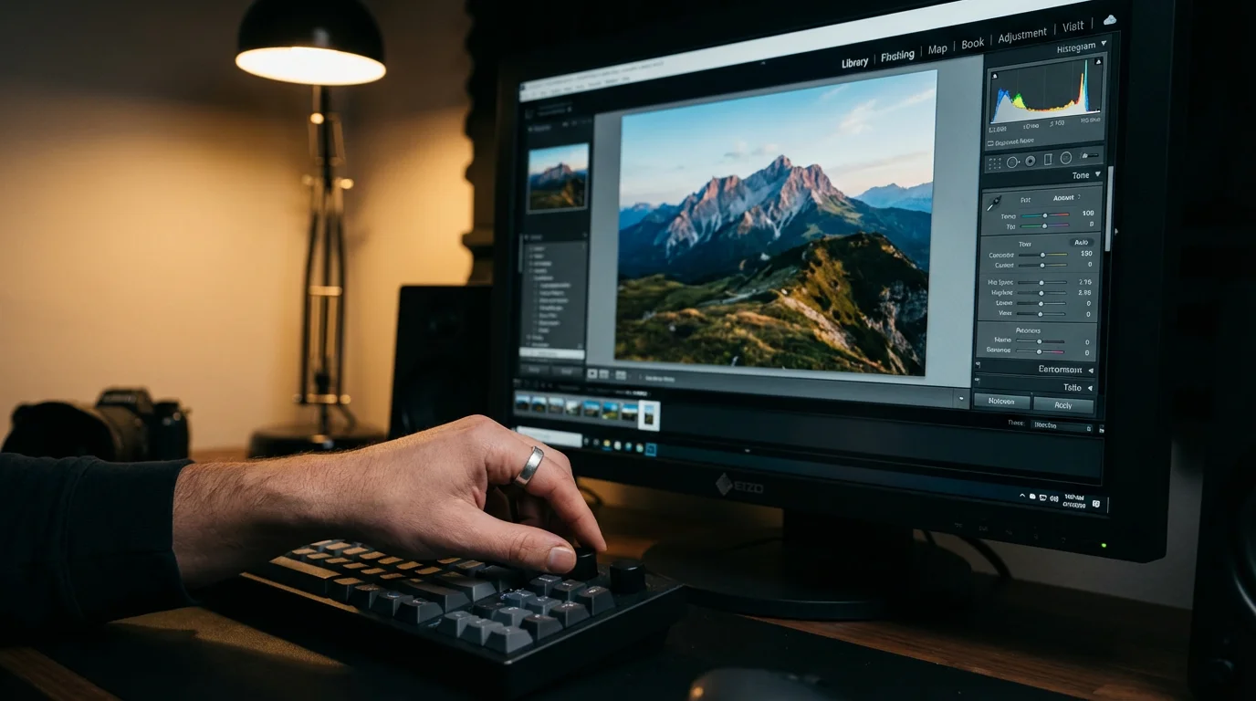 A professional photo editing workspace showing color calibration and resolution tools on a monitor.