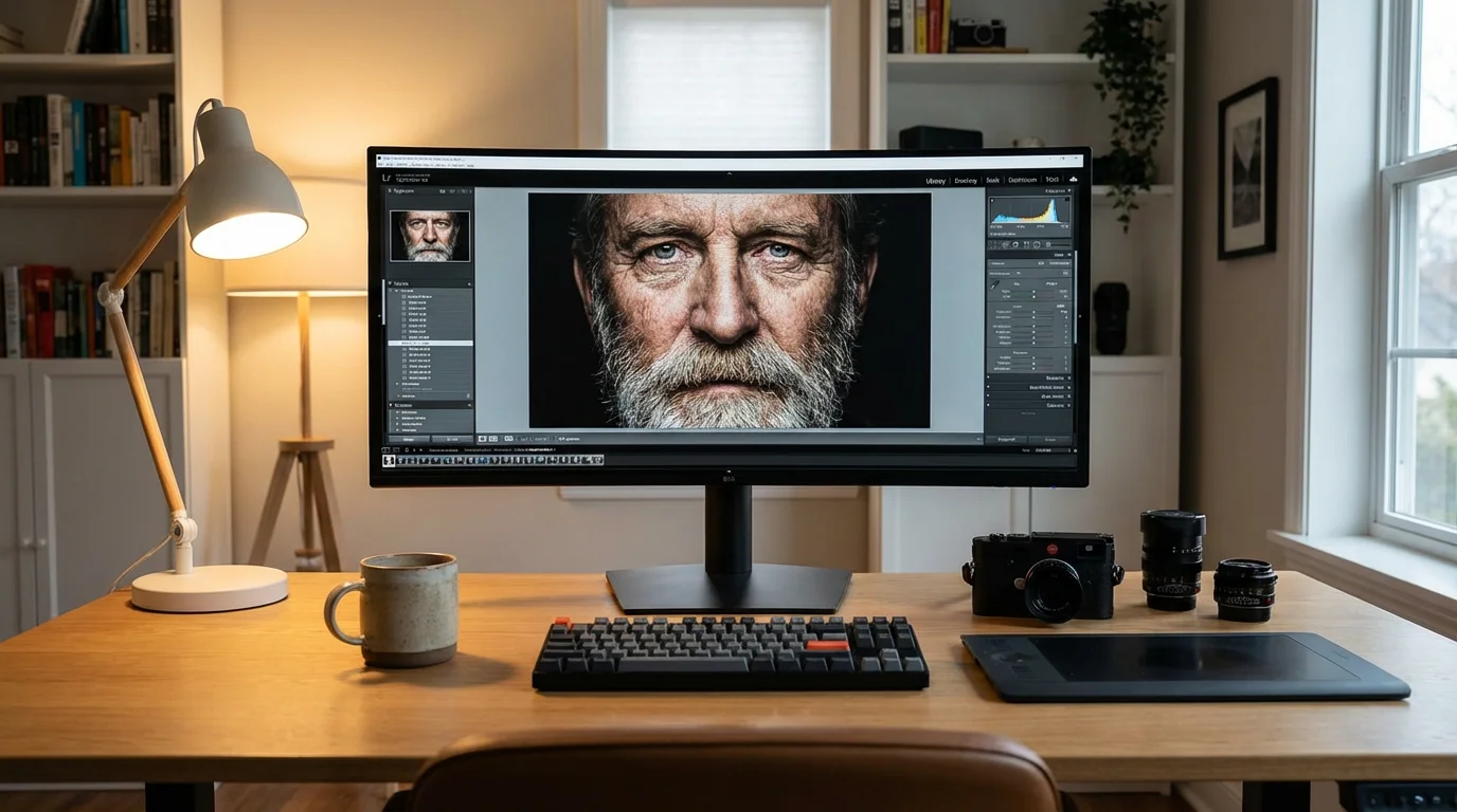 A professional photo editing workspace with a large monitor and editing software.