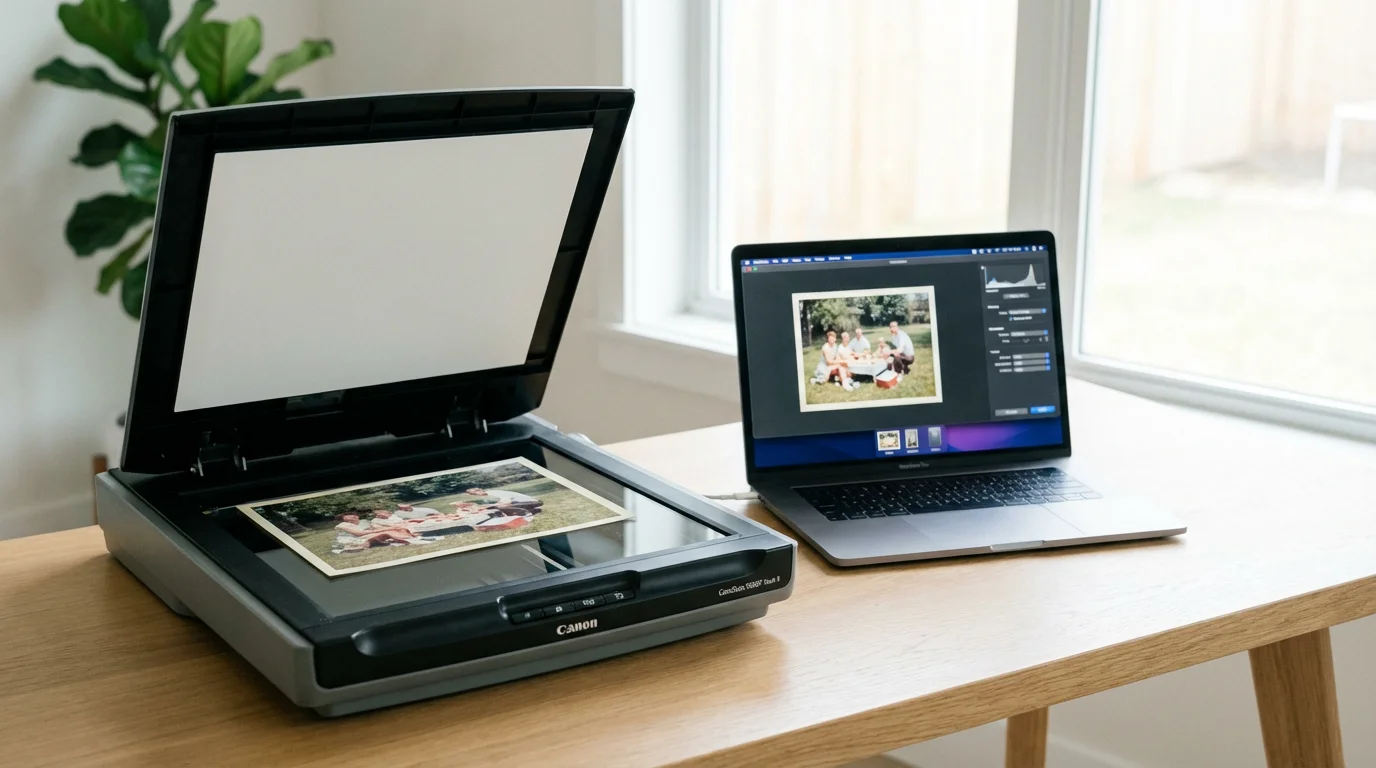 A professional photo scanning setup on a bright, modern desk.
