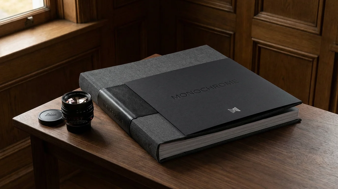 A professional-quality photo book and camera lens on a dark wooden desk.