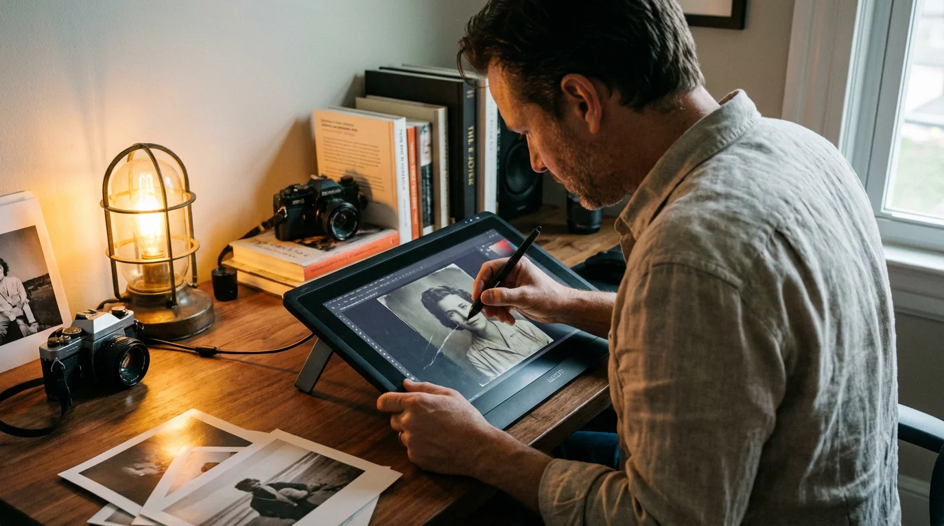 A professional using a digital pen to repair scratches and damage on a vintage portrait.