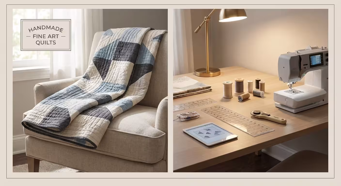 A professionally printed photo quilt draped over an armchair.