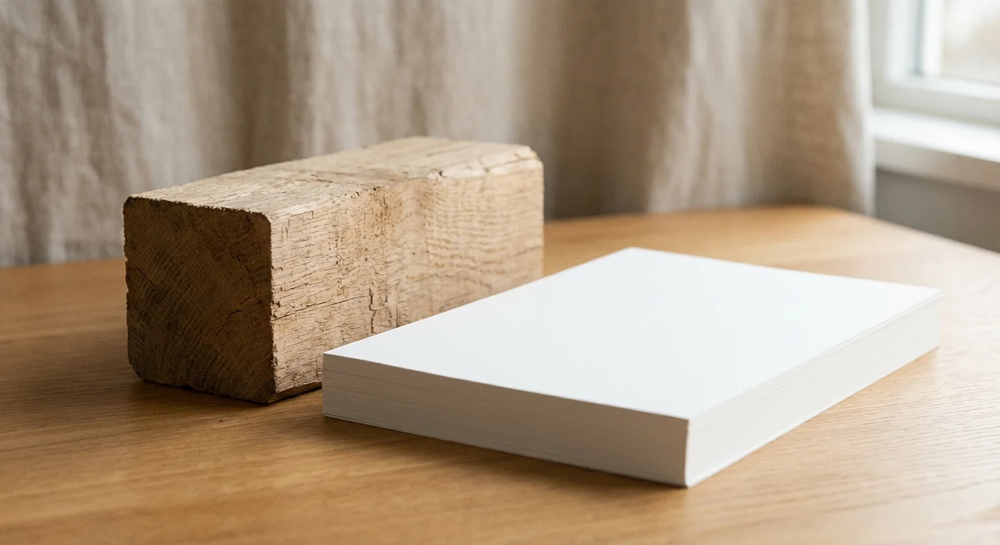 A raw wood block beside a stack of clean, white archival paper sheets.