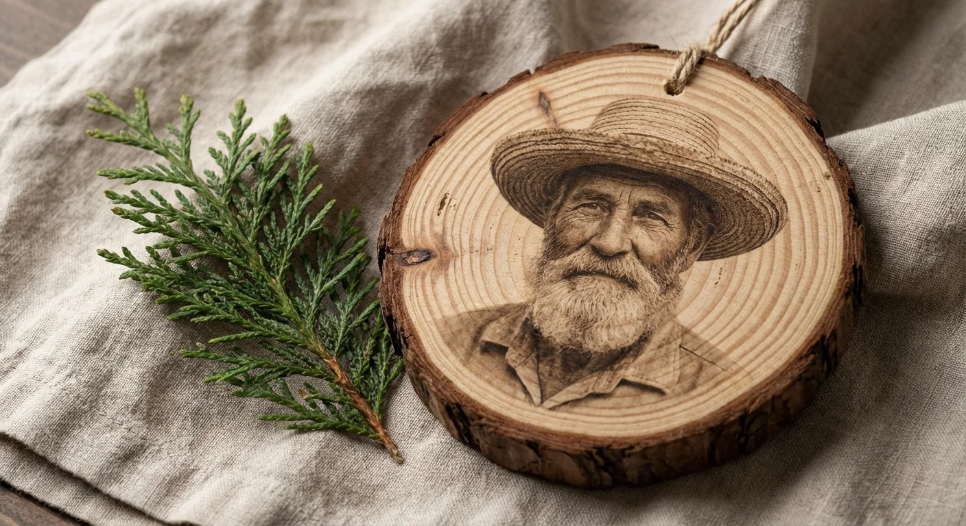 A rustic wooden ornament with a photo transferred onto its surface, resting on linen.