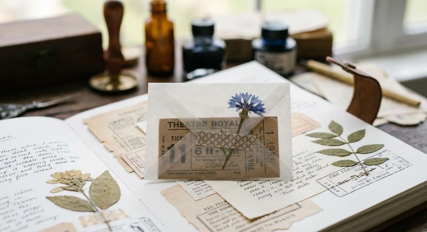 A scrapbook page with a small envelope holding a ticket stub and a dried flower.