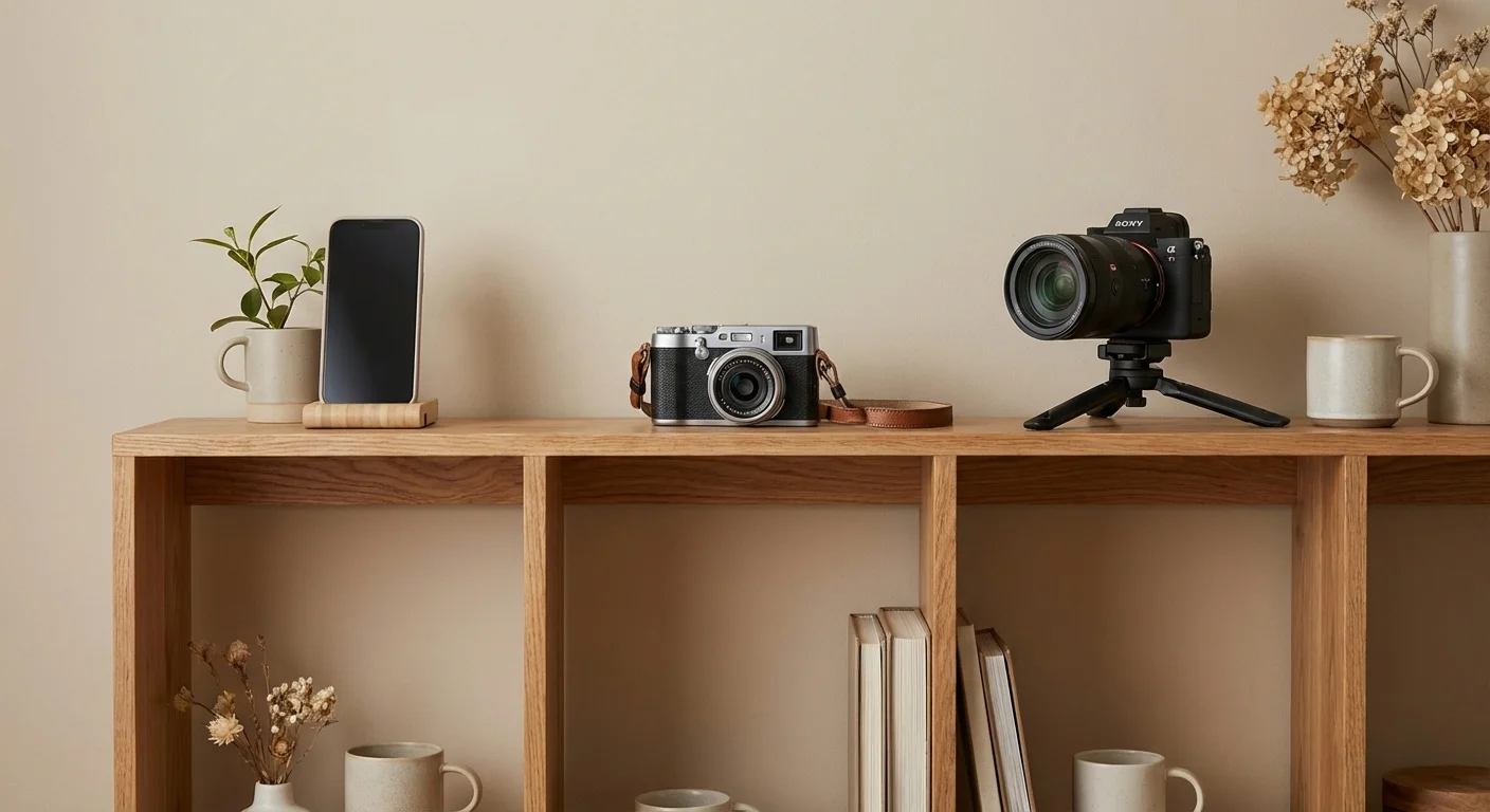 A selection of different types of cameras arranged neatly on a wooden shelf.