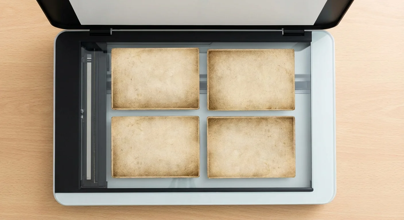 A sequence showing a photograph rotated at different angles on a scanner glass.