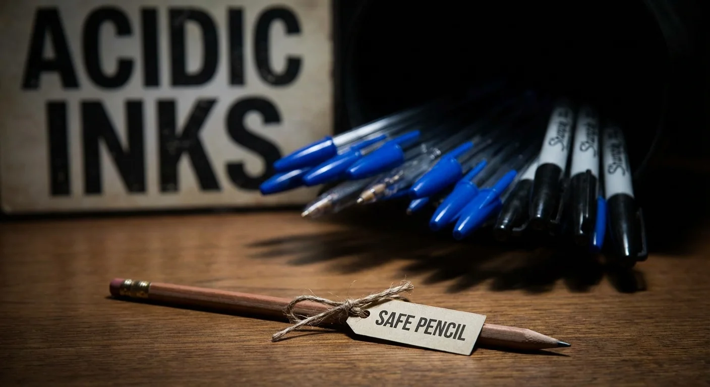 A sharp pencil in focus with blurred ballpoint pens in the background, symbolizing safe vs unsafe tools.