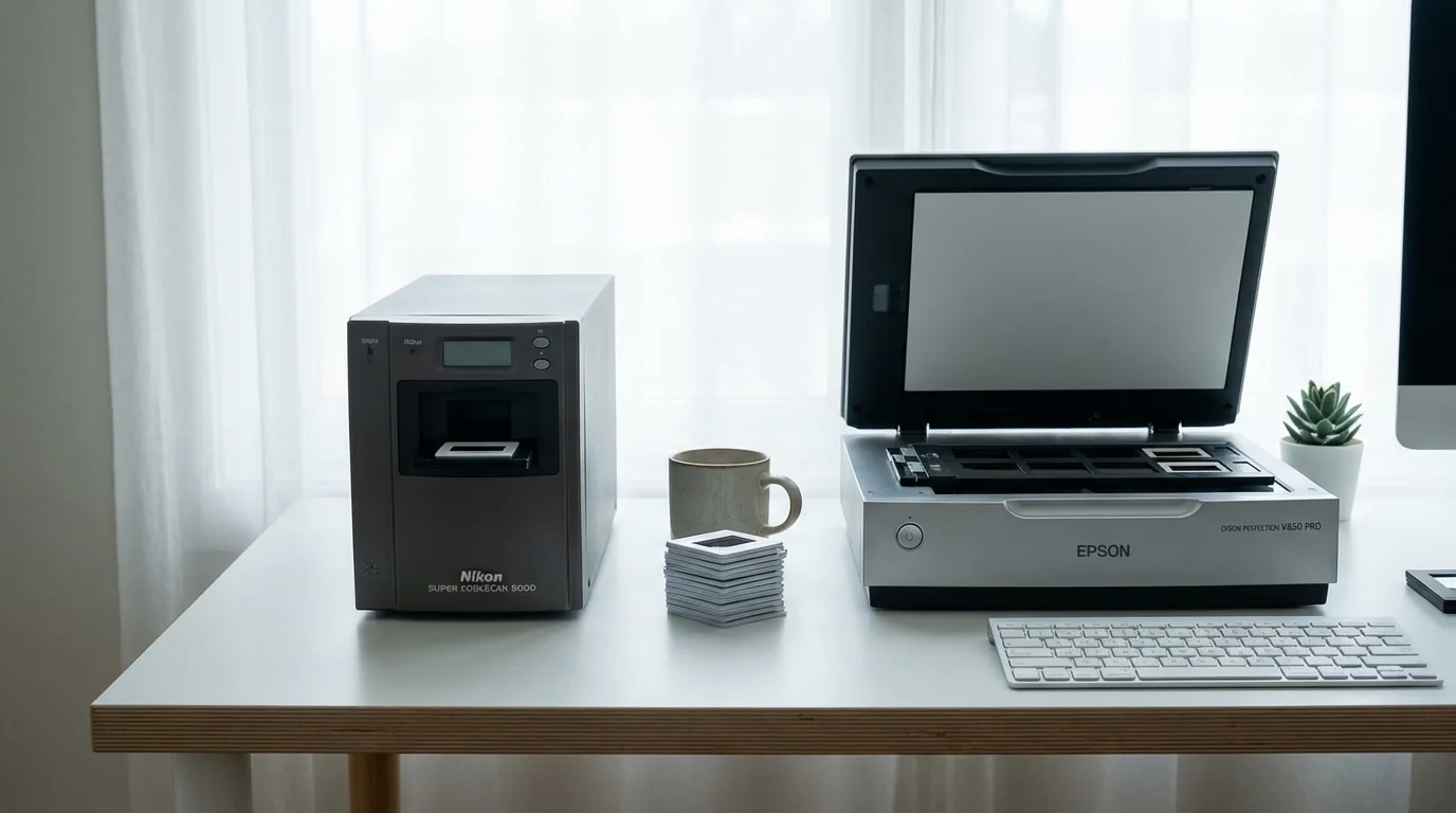 A side-by-side comparison of a dedicated film scanner and a flatbed scanner on a modern desk.