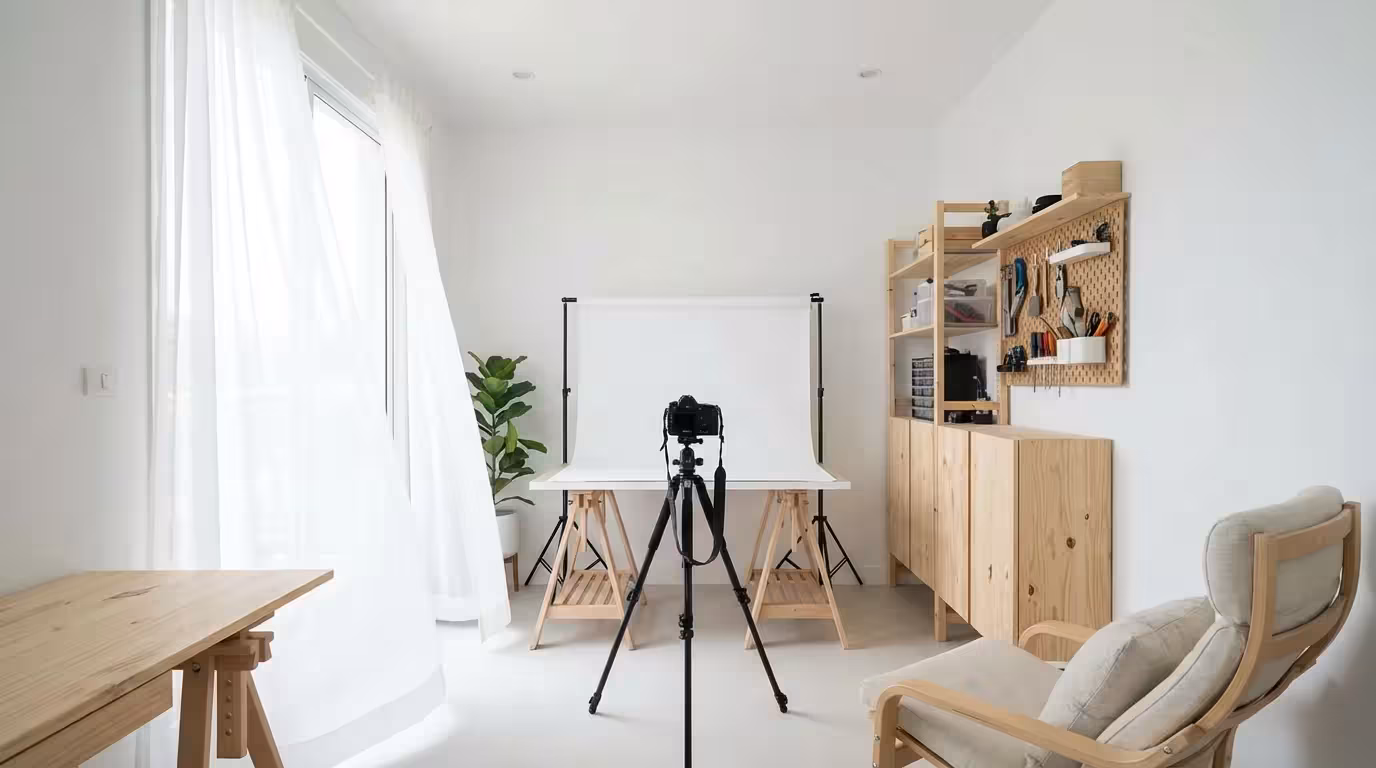 A simple home photography setup with a tripod, table, and natural window light.
