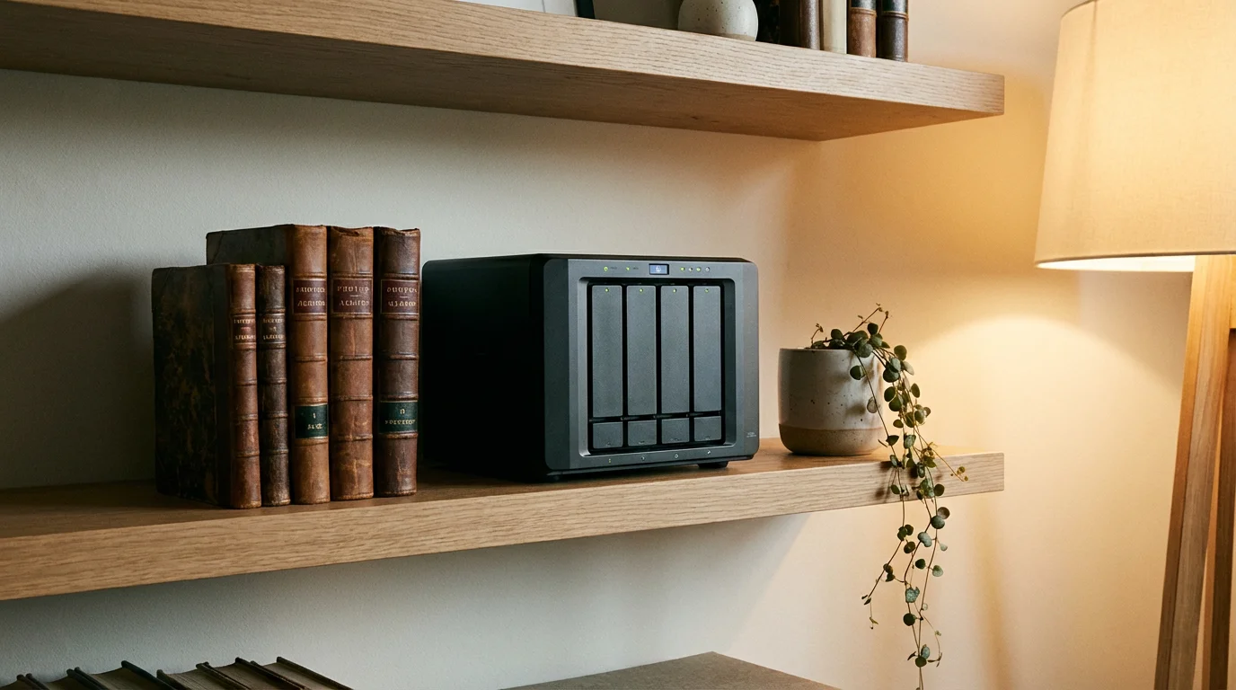 A sleek black NAS storage device sitting on a bookshelf next to traditional photo albums.