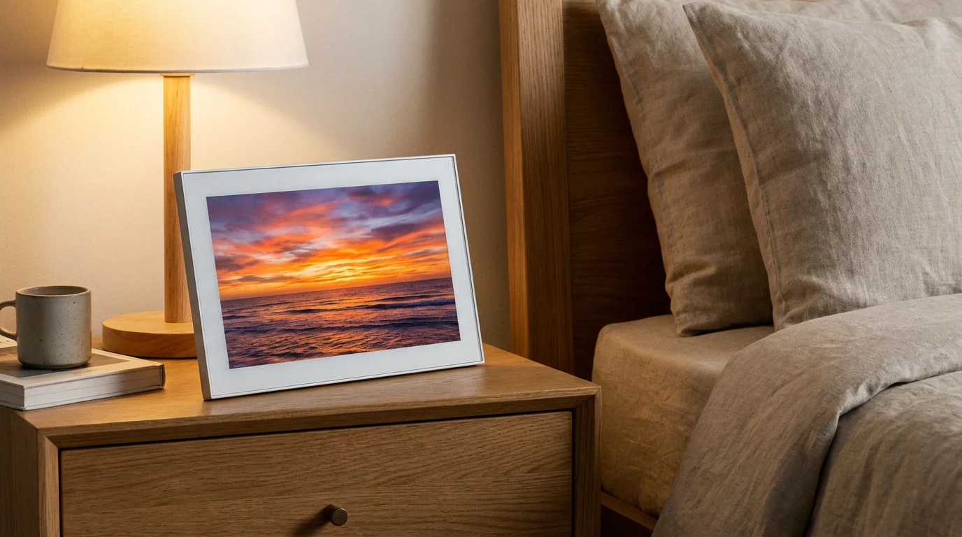 A sleek digital photo frame displaying a sunset on a bedside table.
