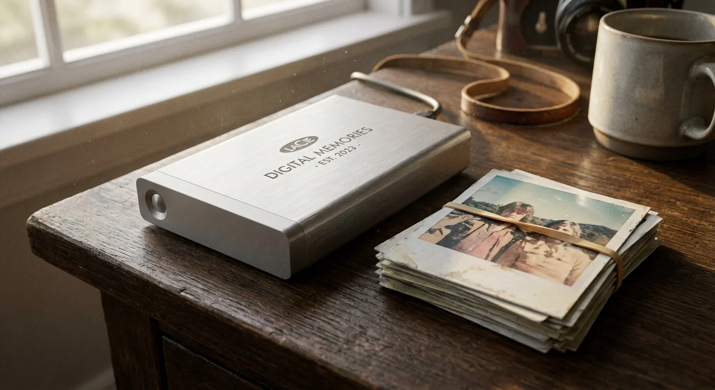 A sleek external hard drive next to a stack of vintage Polaroid photos on a wooden desk.