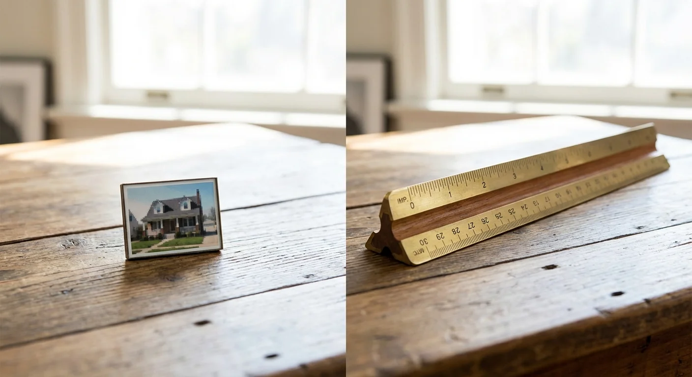 A small blurry photo next to a large ruler on a wooden desk, illustrating scale.