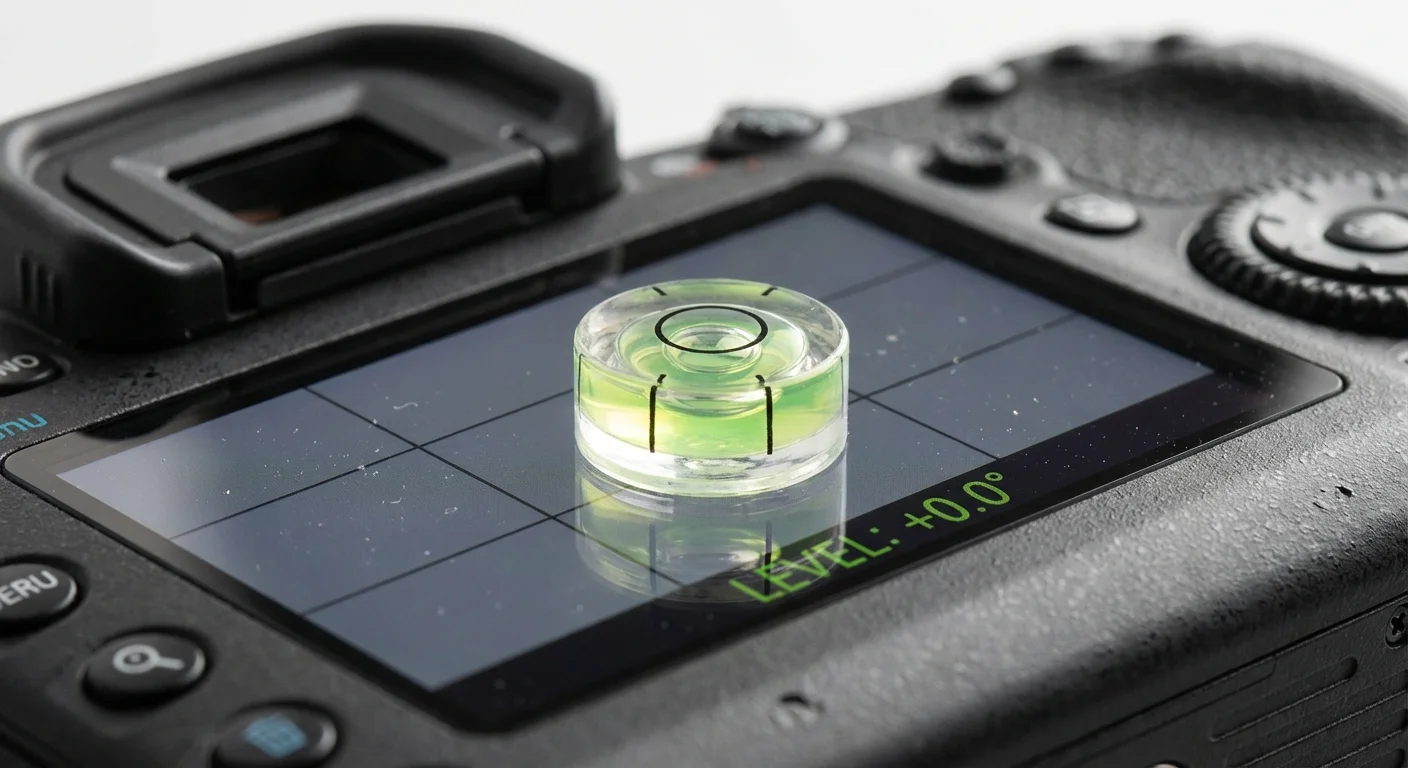 A small spirit level on the back of a camera to ensure perfect alignment for scanning.