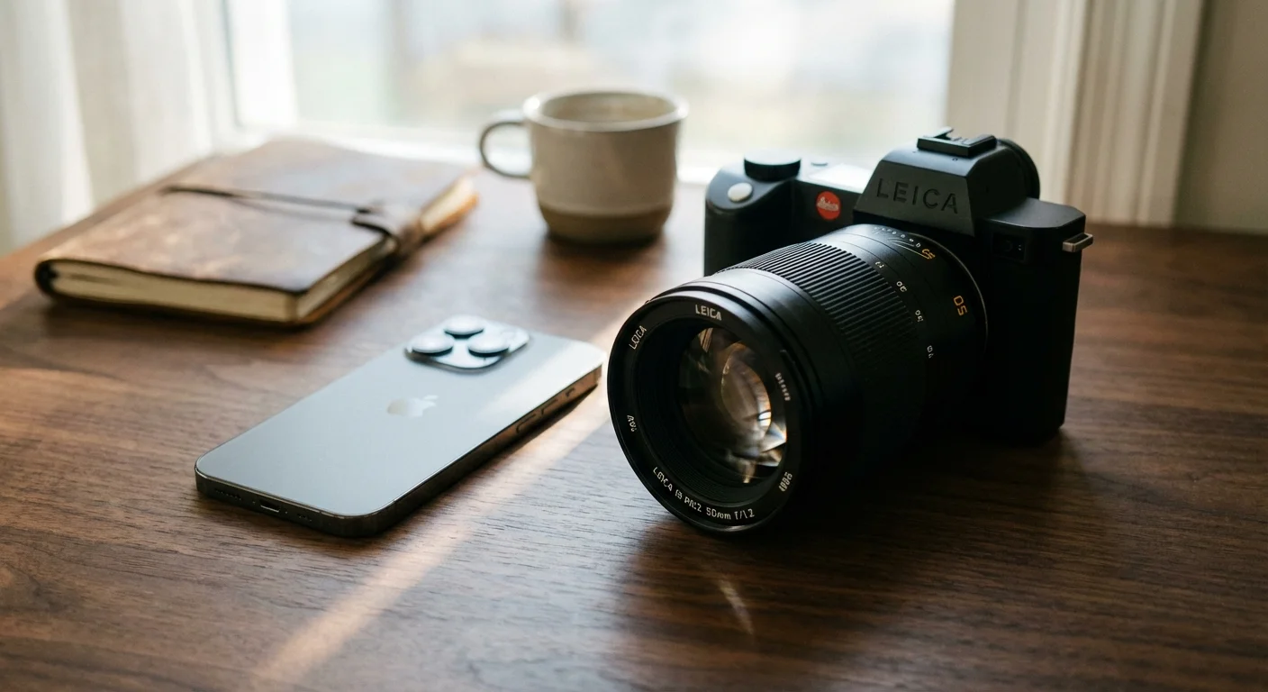 A smartphone and a professional camera placed side-by-side on a wooden desk under soft light.