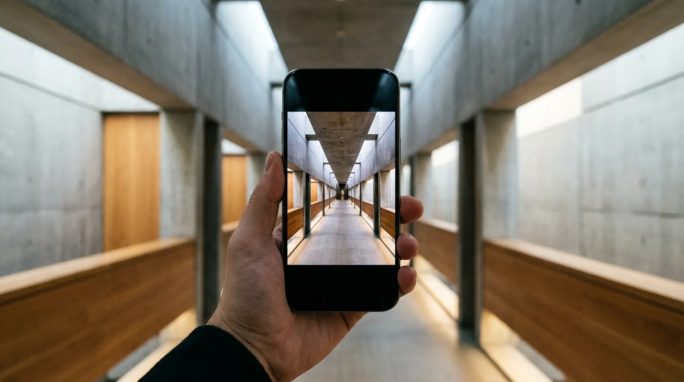 A smartphone capturing a symmetrical architectural hallway with leading lines.