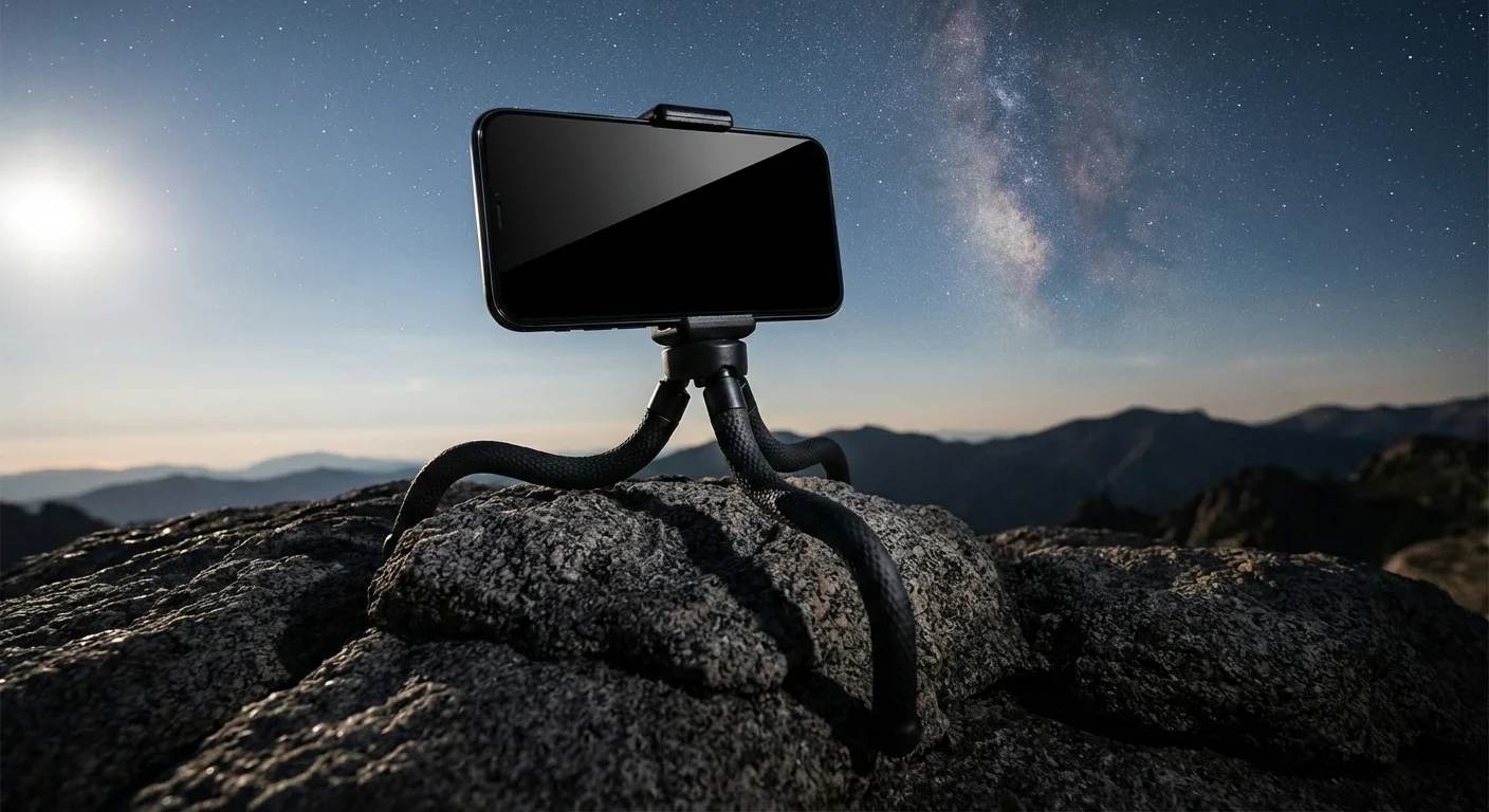 A smartphone mounted on a small flexible tripod on a rock under a starry sky.