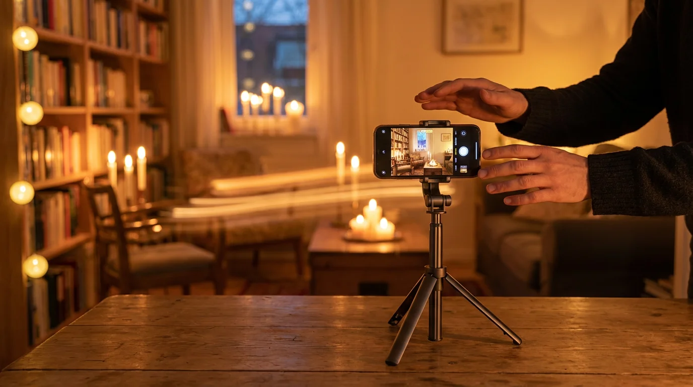 A smartphone mounted on a small tripod for stable, sharp photography.