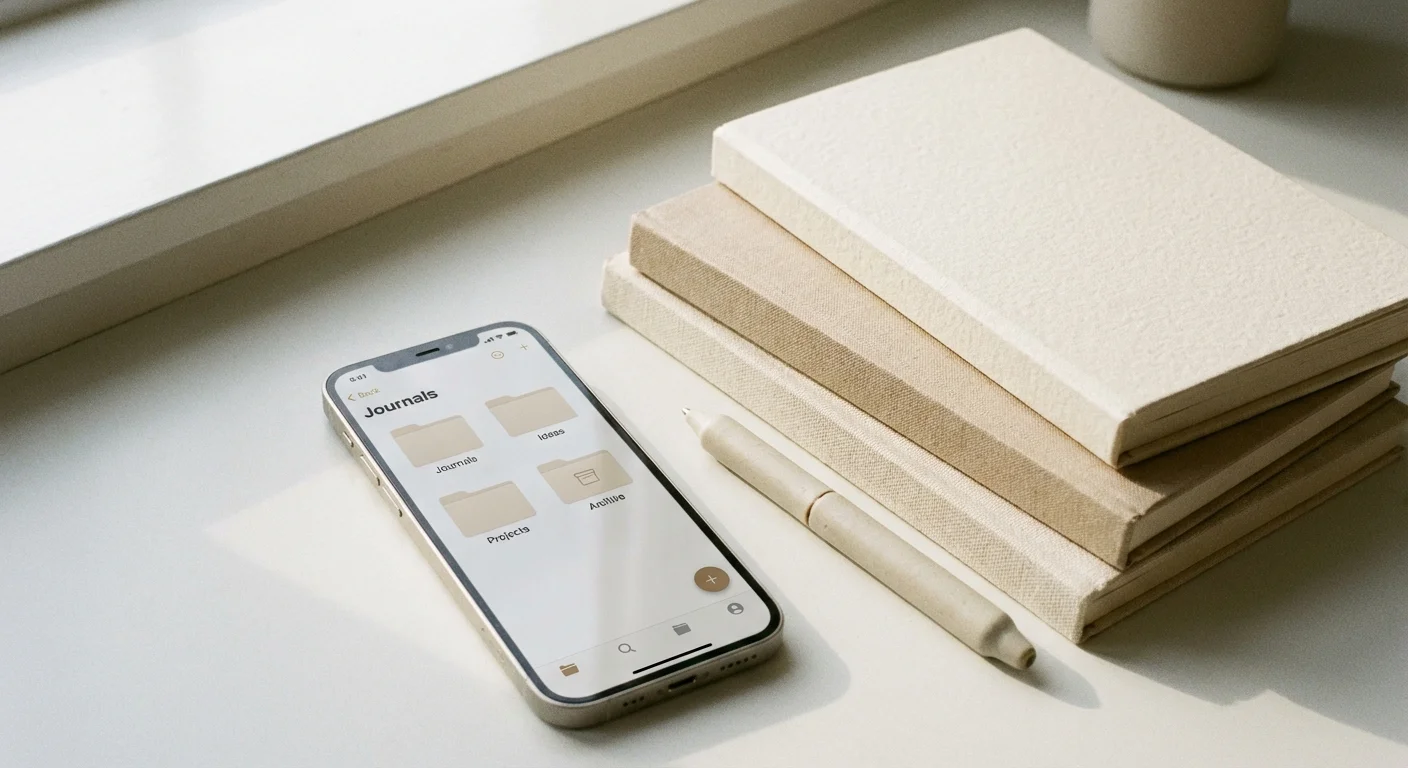 A smartphone next to journals, showing an organized digital folder system.